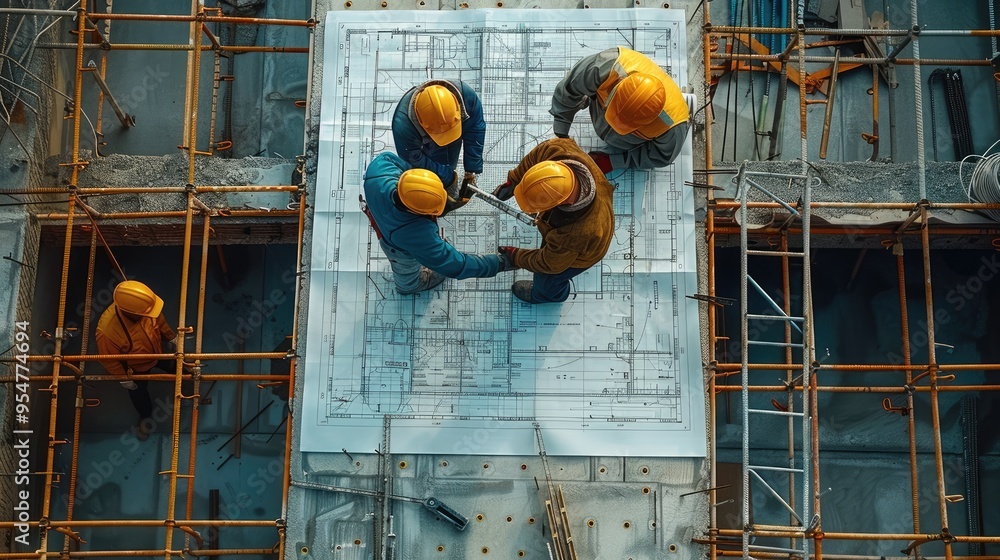 Construction workers collaborating on a blueprint, top view. Generative AI. Construction workers collaborating on a blueprint, top view. Generative AI.