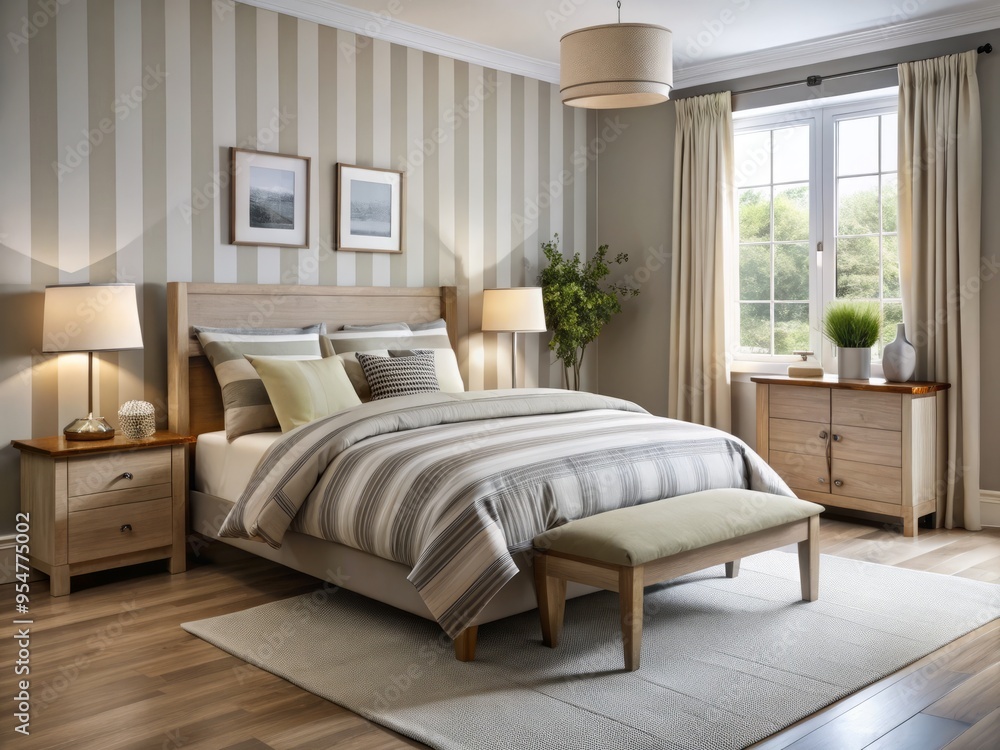 a photo image of a modern bedroom with a simplistic bedframe and a classic striped bedding set in neutral tones a photo image of a modern bedroom with a simplistic bedframe and a classic striped bedding set in neutral tones