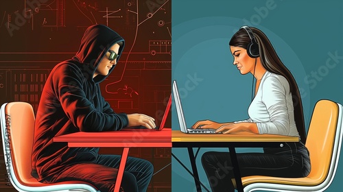 Mysterious hooded figure speaks to innocent woman on laptop looking for love or intimate relationship online, romance scam concept, illustration