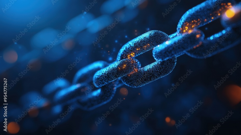 Glowing Digital Chain in the Dark Blue Technological Background Glowing Digital Chain in the Dark Blue Technological Background