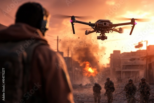 A soldier and a drone are depicted in a war-torn urban environment, with an explosion in the background, symbolizing modern warfare and technological advancement.