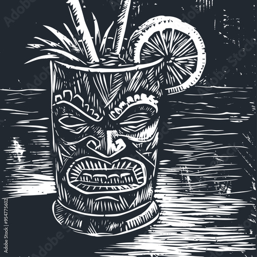 Tiki mug with tropical cocktail, vector illustration