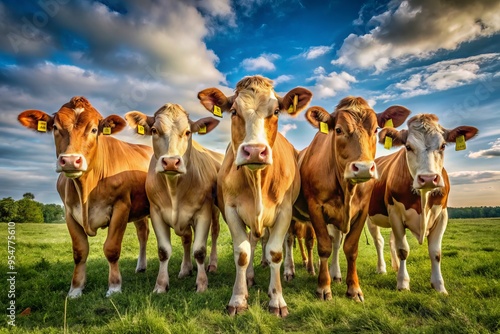 A serene snapshot captures a herd of contented cows grazing together in a lush green field, their moos harmonizing with the rustling of leaves.