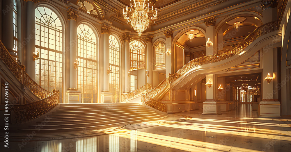 Obraz premium Retro style palace, with large windows, warm light, large chandeliers and stairs. Generative AI.