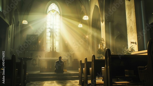 A man sits in a church with sunlight shining through a stained glass window photo