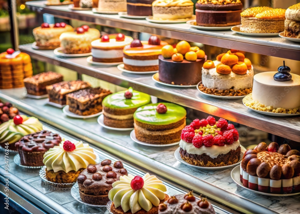 Moist and decadent cakes sit atop a festive display at the bakery, enticing customers with their vibrant colors and tantalizing aromas. Moist and decadent cakes sit atop a festive display at the bakery, enticing customers with their vibrant colors and tantalizing aromas.