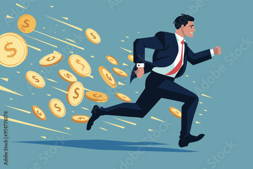 Fraudulent Businessman Running Towards Deceptive Cryptocurrency Coin Offering, Luring Greedy Investors with False Promises of Wealth