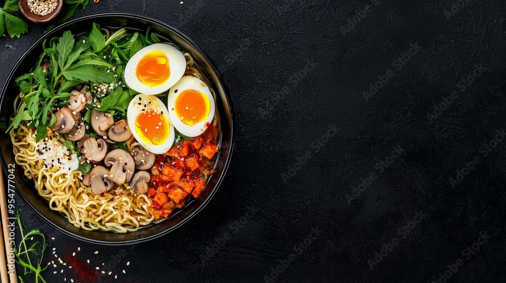 Vibrant ramen bowl infused with cannabis oil, featuring leafy greens, mushrooms, and soft-boiled eggs, bringing a flavorful twist to traditional ramen Vibrant ramen bowl infused with cannabis oil, featuring leafy greens, mushrooms, and soft-boiled eggs, bringing a flavorful twist to traditional ramen
