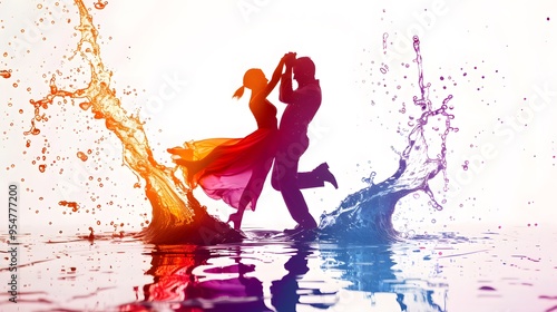 Couple dancing joyfully in shallow water with colorful splashes  photo