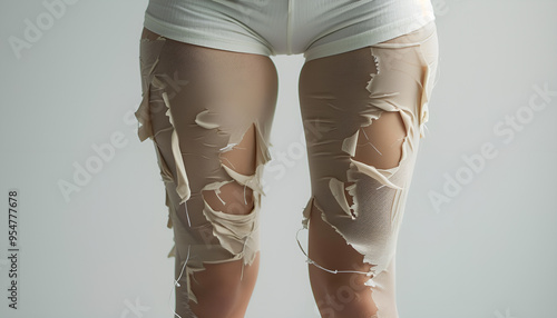 Woman wearing torn tights on white background, closeup