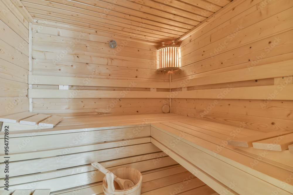 Interior view of a wooden sauna with benches Interior view of a wooden sauna with benches