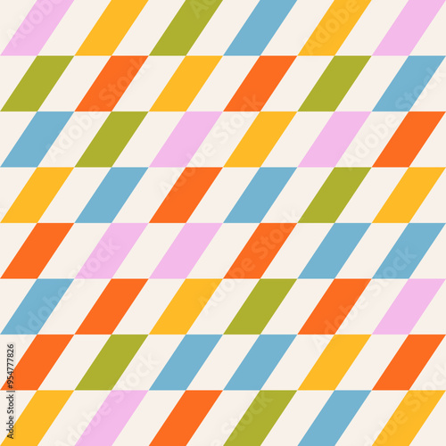 Abstract seamless pattern of multicolored vertical short stripes in a row diagonally on a light background, distorted chessboard, flat style