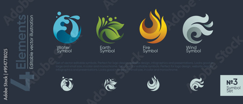 Four Elements fire water earth air Icon Set Logos