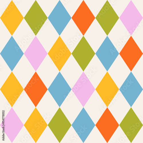 Seamless abstract geometric pattern of multicolored rhombuses in a row on a light background, harlequin motifs, flat style