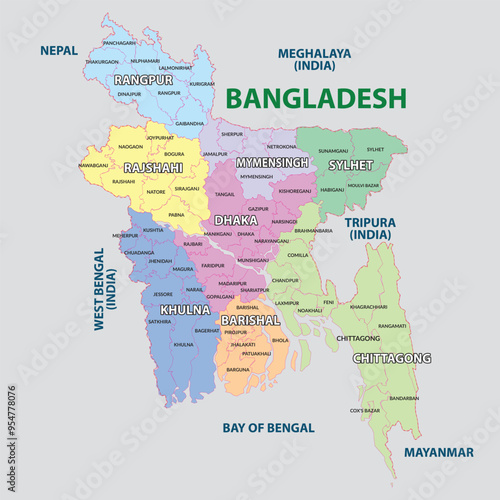 64 districts under 8 divisions of Bangladesh map in English | 64 districts bangladesh map | Bangladesh map 8 divisions English 
