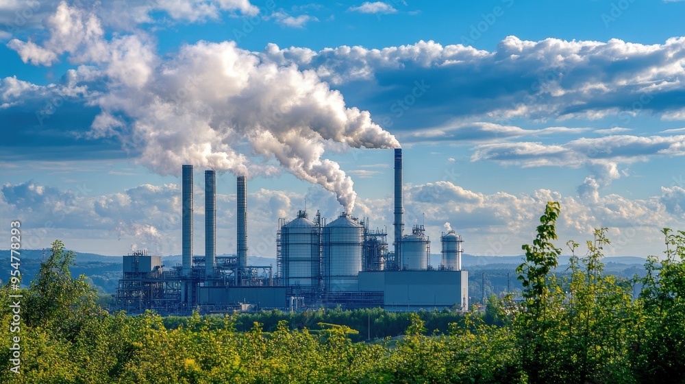 Industrial Landscape with Smoking Chimneys and Blue Sky Industrial Landscape with Smoking Chimneys and Blue Sky