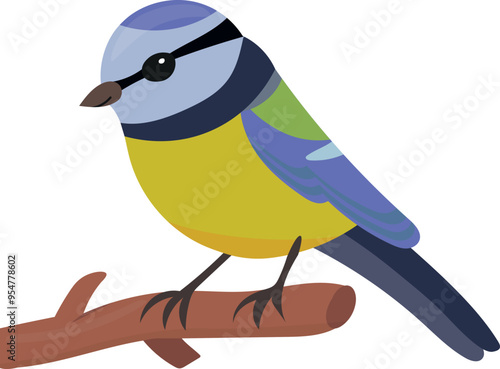 Blue tit cartoon vector illustration isolated on white background. Bird character for kids.