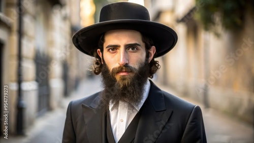 A bearded ultra-Orthodox Jewish man donned a traditional black caftan and hat, his reverent attire radiating his photo