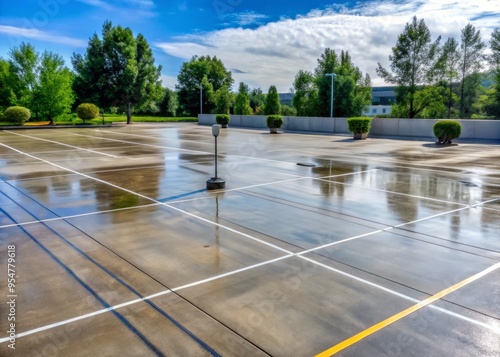 a photo image of a recently cleaned concrete parking lot surface with a freshly pressure washed appearance photo