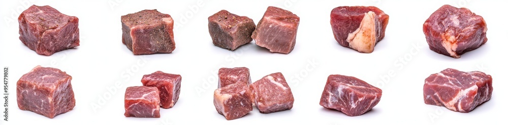 Meat cubes on white background with raw beef. Meat cubes on white background with raw beef.