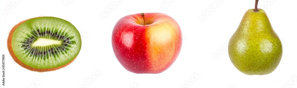 On a transparent background, a set of fruits including apples, kiwis, and pear On a transparent background, a set of fruits including apples, kiwis, and pear