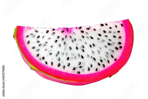 Vibrant slice of dragon fruit showcasing its unique pink skin and black seeds, perfect for health and culinary themes.