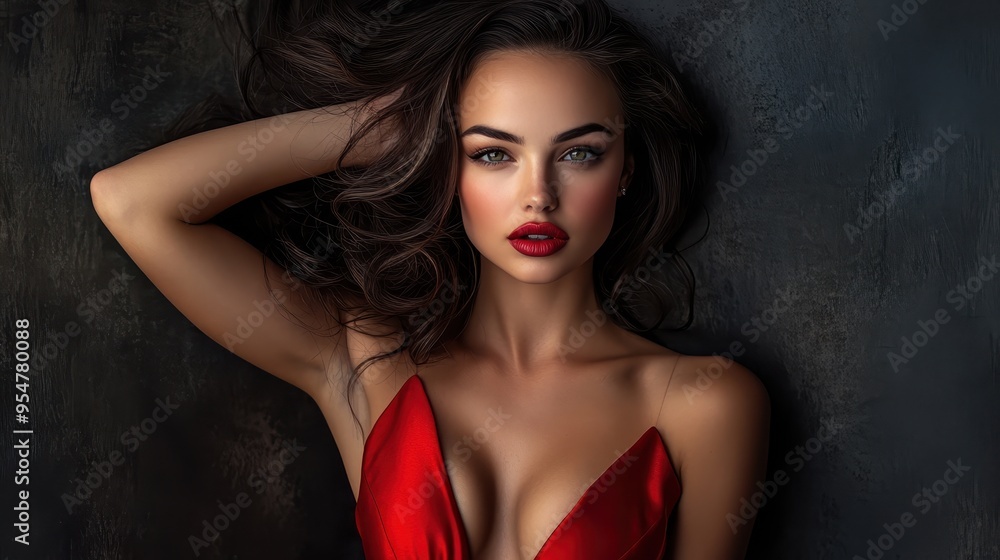 A beautiful woman with long hair and bold makeup confidently poses in a form-fitting red dress, exuding charm and elegance