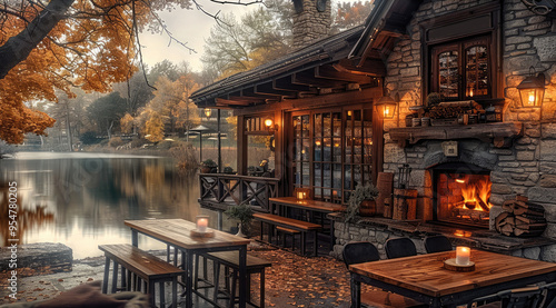 Wallpaper Mural A cozy coffee shop nestled by the lake, surrounded with autumn foliage and warm lanterns, featuring wooden beams, stone accents and a fireplace inside. Generative AI. Torontodigital.ca