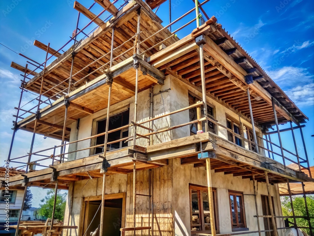 a photo image of a partially finished building with a suspended wooden scaffold hanging precariously from the upper floor's balcony a photo image of a partially finished building with a suspended wooden scaffold hanging precariously from the upper floor's balcony