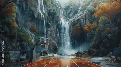 Fototapeta Naklejka Na Ścianę i Meble -  A basketball court in a mountain with a waterfall behind it. Generative AI.