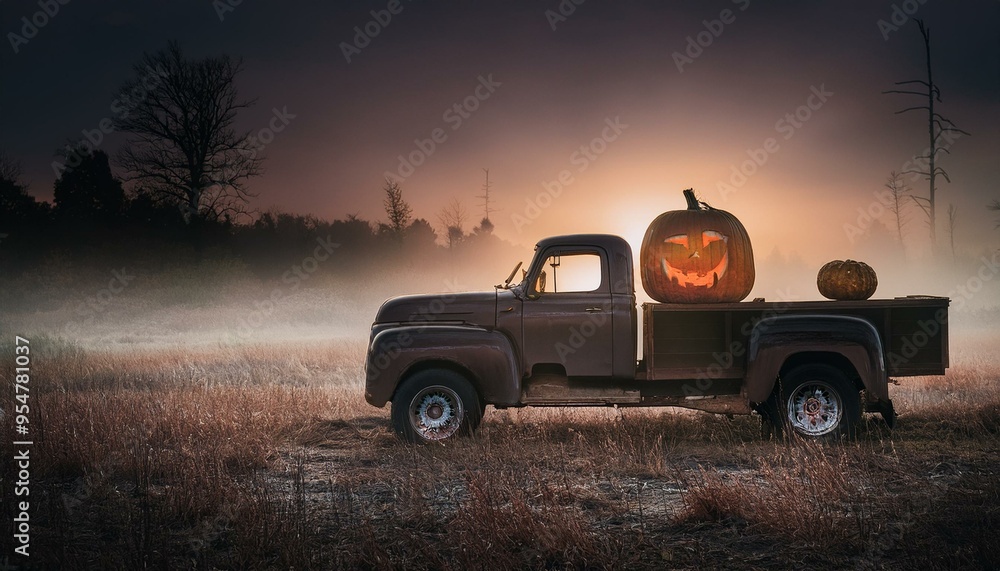 Halloween old truck with pumpkins in moon light in fog Halloween old truck with pumpkins in moon light in fog