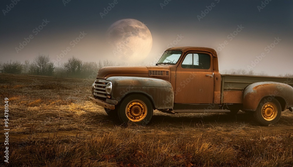 Halloween old truck with pumpkins in moon light in fog