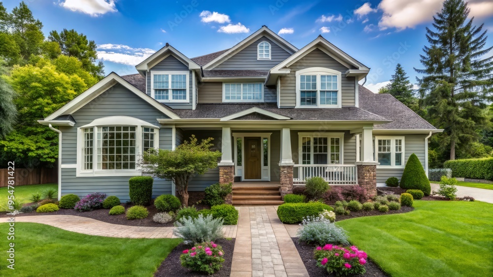 A charming suburban home dons a fresh coat of paint, lush greenery, and a stunning floral display, beckoning A charming suburban home dons a fresh coat of paint, lush greenery, and a stunning floral display, beckoning