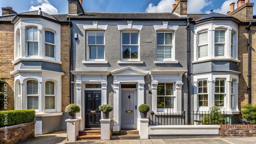 Fototapeta premium A charming Victorian abode, revitalized with new windows and doors, now sports a sleek grey and white exterior,