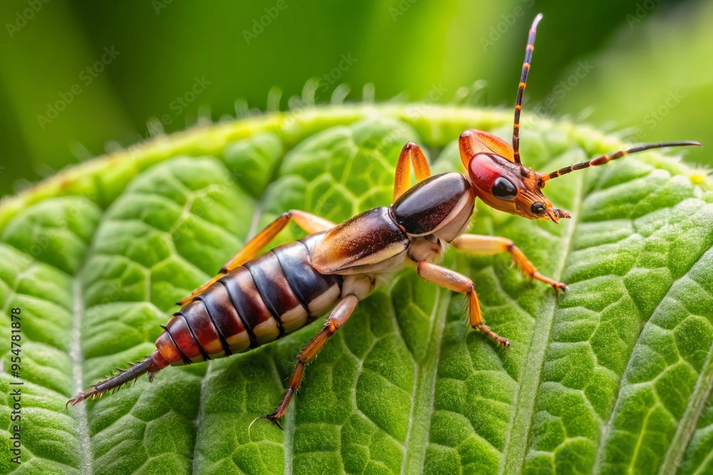 a photo image of a earwig insect on a leaf with intricate details of its body segments and cerci a photo image of a earwig insect on a leaf with intricate details of its body segments and cerci