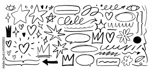 Crayon doodle shapes collection in punk girly style, stars, crowns and speech bubbles. Various pencil vector doodles for hand drawn notes.