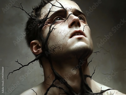 Surreal Portrait of a Man Blending with Tree Branches and Bark in a Fantasy Setting photo