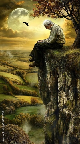 Solitary Contemplation of an Elderly Man on Cliff's Edge under Full Moonlight