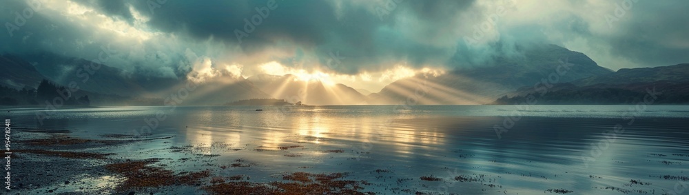 A dramatic lake panorama with dark, moody clouds and sunlight breaking through, illuminating patches of water and the distant mountains. A dramatic lake panorama with dark, moody clouds and sunlight breaking through, illuminating patches of water and the distant mountains.