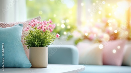 A cozy living space featuring a small potted plant and cushions, creating a warm, inviting atmosphere.