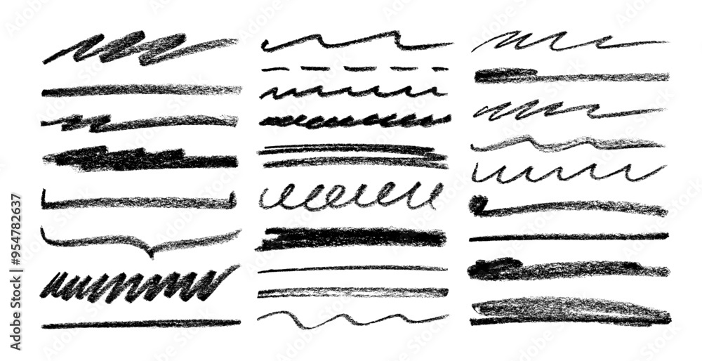 Various hand drawn crayon stripes and underlines collection. Pencil strips and rough highlighters, straight chalk lines, spirals. Doodle style sketchy chalk scribbles or rough strokes for notes. Various hand drawn crayon stripes and underlines collection. Pencil strips and rough highlighters, straight chalk lines, spirals. Doodle style sketchy chalk scribbles or rough strokes for notes.