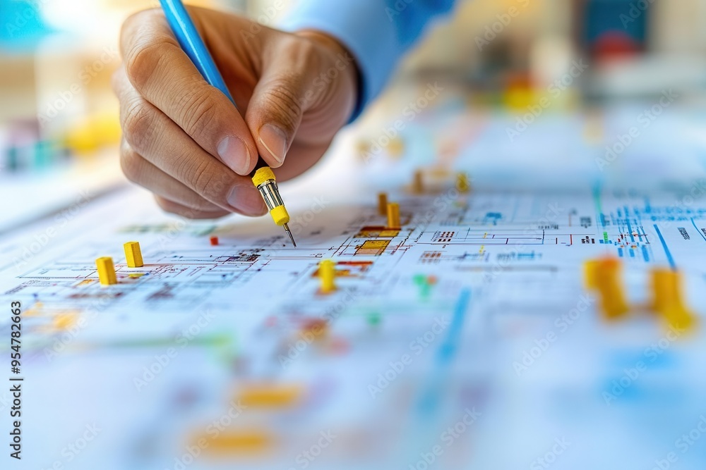 Close-up of a manager s hand highlighting critical points on a construction diagram Critical management, precise preparation Close-up of a manager s hand highlighting critical points on a construction diagram Critical management, precise preparation