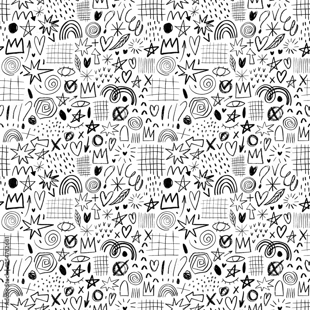 Childish doodle seamless pattern with pencil drawings. Vector crayon lines and shapes. Random childish or punk doodle elements. Childish doodle seamless pattern with pencil drawings. Vector crayon lines and shapes. Random childish or punk doodle elements.