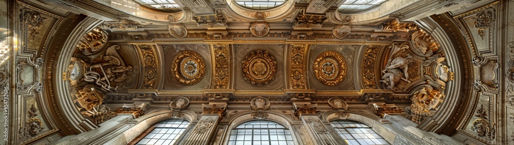 A grand marble ceiling adorned with Baroque motifs, featuring ornate, non-linear designs of floral medallions, gilded arches, and sculpted cherubs, reflecting luxury and sophistication. A grand marble ceiling adorned with Baroque motifs, featuring ornate, non-linear designs of floral medallions, gilded arches, and sculpted cherubs, reflecting luxury and sophistication.