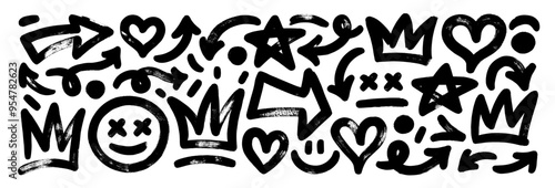 Hand drawn abstract scribbles and squiggles, graffiti style doodle elements like smiles, crowns, arrows and hearts. Bold brush drawn elements. Punk grunge style symbols for collages and templates.