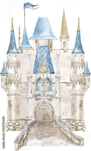 Watercolor White Blue Fairytale Castle Palace for Wedding Ceremony and Nursery Decor, Princess Party, Kids Room Poster