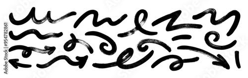 Collection various bold brush drawn arrows and squiggle lines. Hand drawn vector quirky spiral arrows and thick emphasis lines. Vector doodle marker symbols. Grunge curved brush strokes for collages.