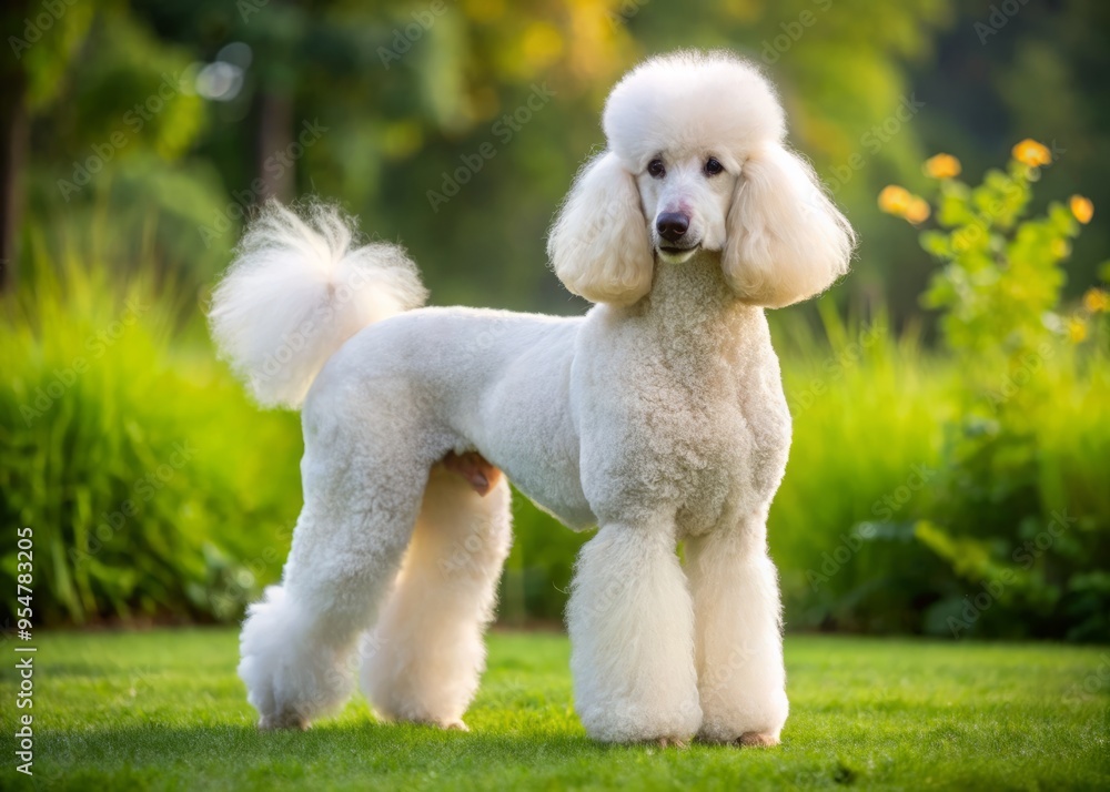 The picture depicts a beautiful, fluffy white standard poodle standing proudly on a lush green grass lawn with the sun shining down on it. The picture depicts a beautiful, fluffy white standard poodle standing proudly on a lush green grass lawn with the sun shining down on it.