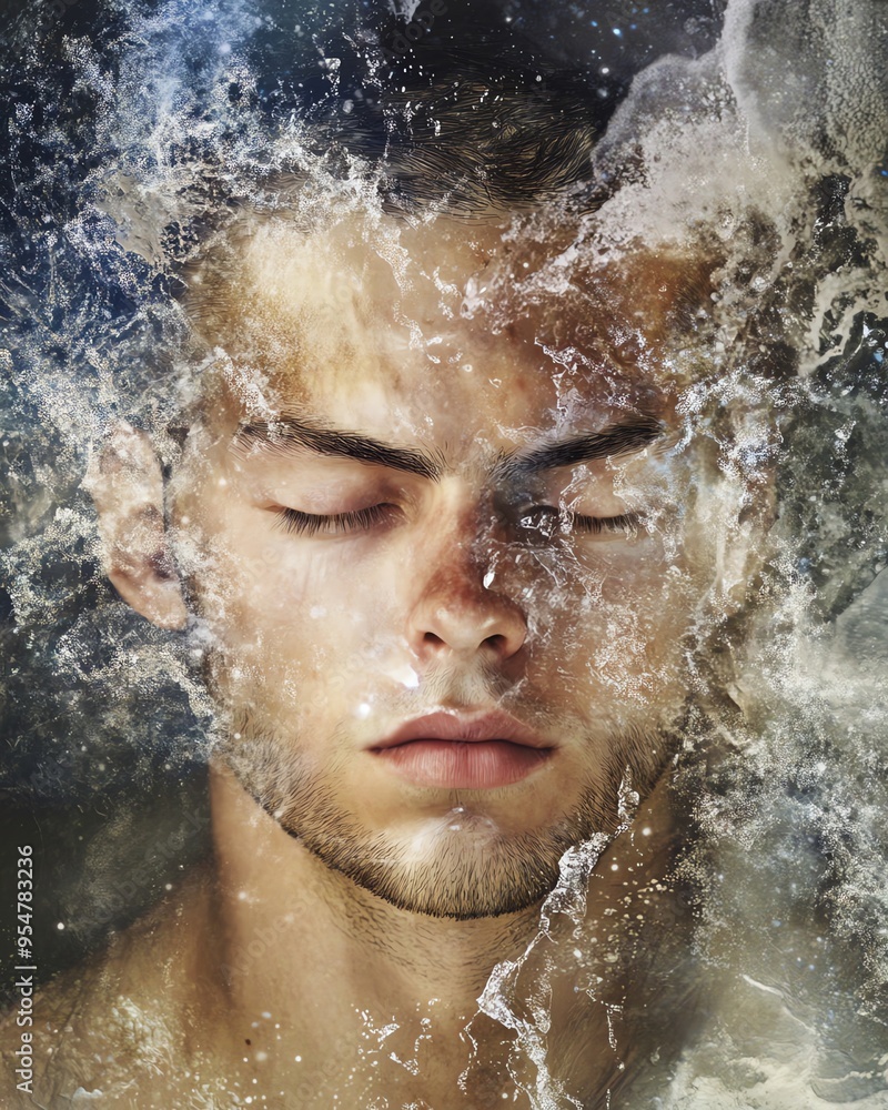 Male Face Blended with Water Elements Depicting Serenity and Nature Interaction Male Face Blended with Water Elements Depicting Serenity and Nature Interaction