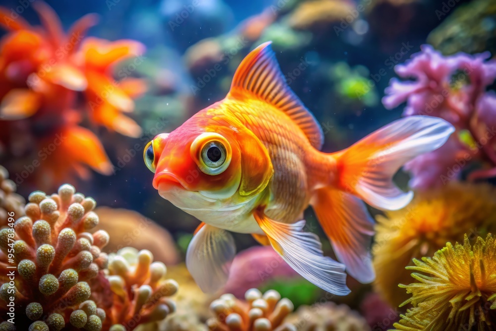 A big-eyed goldfish swims lazily in a peaceful fish tank filled with vibrant coral and rocky formations, its scales shimmering in the soft light. A big-eyed goldfish swims lazily in a peaceful fish tank filled with vibrant coral and rocky formations, its scales shimmering in the soft light.